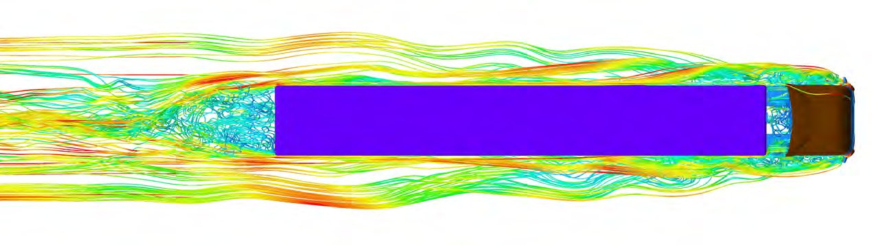 CFD simulation: streamlines around a box-shaped trailer with a large turbulent wake behind it