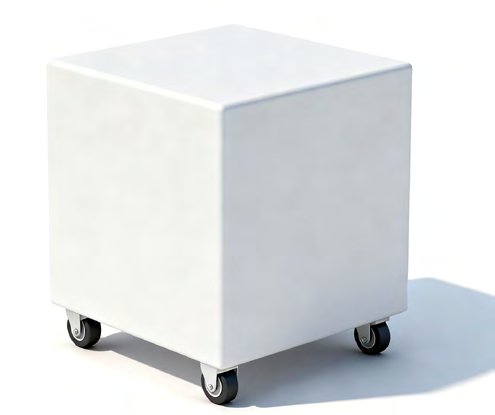A white cube on castor wheels